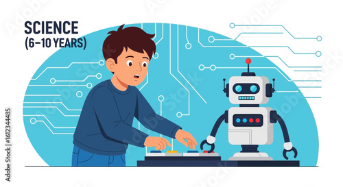 Enthusiastic boy learning about robotics and programming a robot experiment