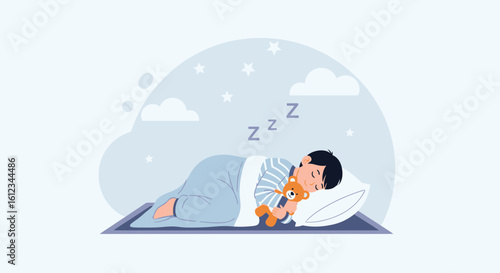 Cute Boy Peacefully Sleeping With His Teddy Bear Under Dreamy Starry Night