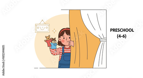 Enthusiastic Girl Engages in Imaginative Puppet Show Behind the Curtain
