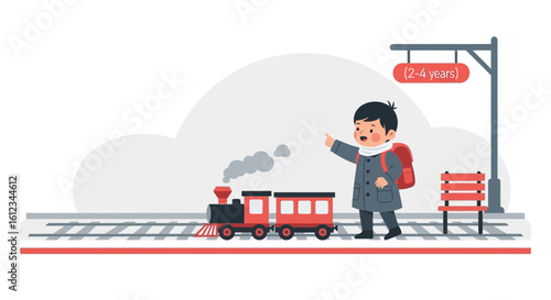 Cute cartoon illustration of a young boy with a toy train on a platform