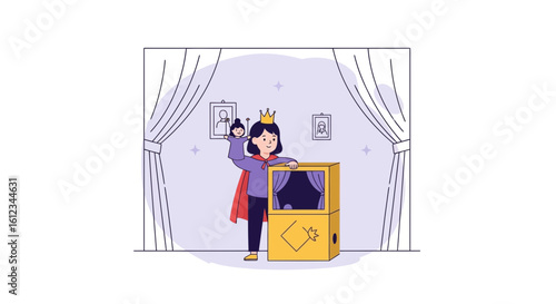 Enthusiastic Girl With a Crown Performing a Puppet Show on a Stage