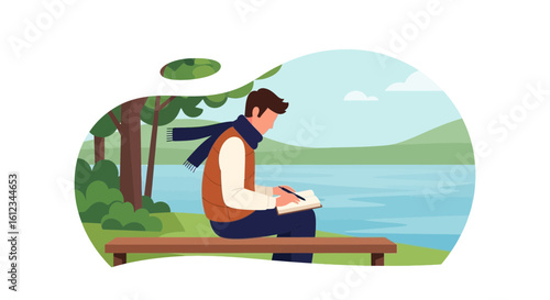Contemplative Man Writing In Nature Beside Lake On Bench Cartoon Scene