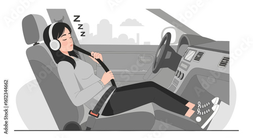 Contented Traveler Napping Peacefully With Headphones Inside Autonomous Vehicle