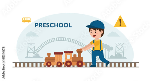 Enthusiastic Little Boy Plays With a Toy Train at Preschool Outdoors