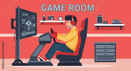 Enthusiastic Man Immersed in Racing Simulation Game in High Tech Setup