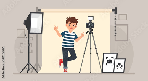 Enthusiastic Model Strikes Dynamic Pose In A Professional Photography Studio