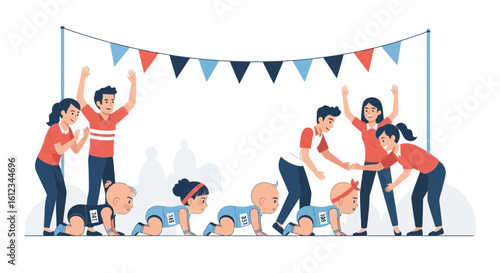 Enthusiastic Parents Cheer On Babies Crawling Race Under Festive Banner