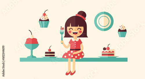 Cute Girl Enjoying Delicious Cakes And Cupcakes In A Sweet Shop Illustration