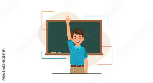 Enthusiastic Student Raises Hand Near Blackboard In Learning Environment