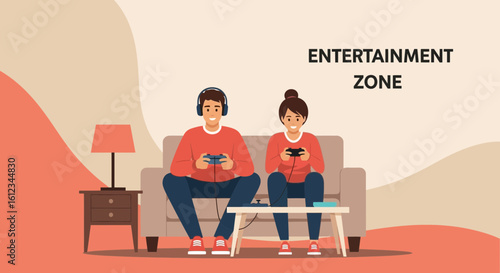 Couple Enjoying Video Games Together On Couch In Cozy Home Interior