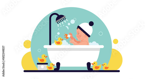 Cute Little Baby Enjoying Bathtime With Rubber Ducks In A White Tub