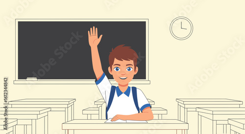 Enthusiastic Student Raising Hand In Classroom With Chalkboard Background