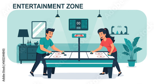 Couple Playing Air Hockey Together Enjoying Recreation Time in the Entertainment Room
