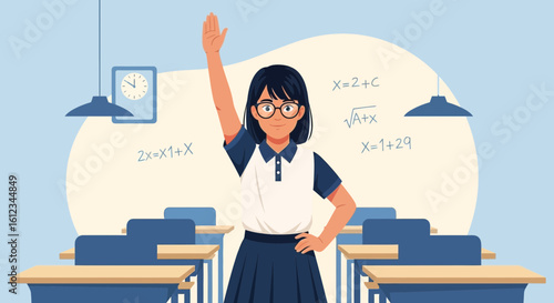 Enthusiastic Student Raising Hand In Classroom With School Desk