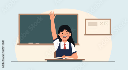 Enthusiastic Student Raising Her Hand To Answer In Elementary Classroom