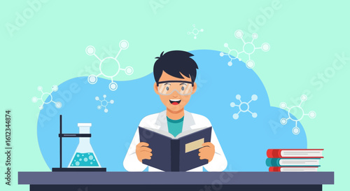 Enthusiastic Student Reading Chemistry Book In Laboratory Illustration