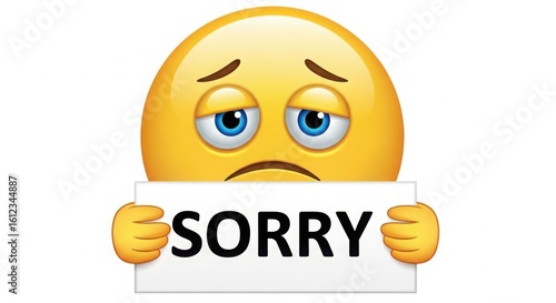 Sad emoji holding a sorry sign
