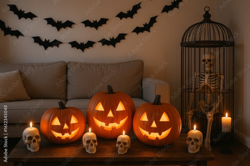 Obraz premium Halloween room decor featuring jack-o-lanterns, skulls, and bats in cozy living room setting. concept of spooky decoration, festive atmosphere, seasonal celebration