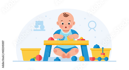 Cute Toddler Engaged in Learning Activities with Colorful Play Table Set