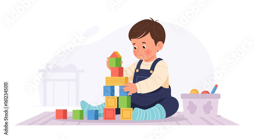 Cute Toddler Boy Builds Tower Of Colorful Wooden Blocks At Playtime