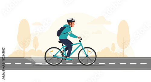 Cyclist Riding On The Road For Commute And Workout In Green Nature Landscape