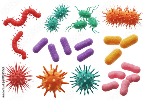 Vibrant collection of diverse microscopic bacteria and viruses rendered in stunning 3D, showcasing scientific research and medical illustration for educational and health-related projects.