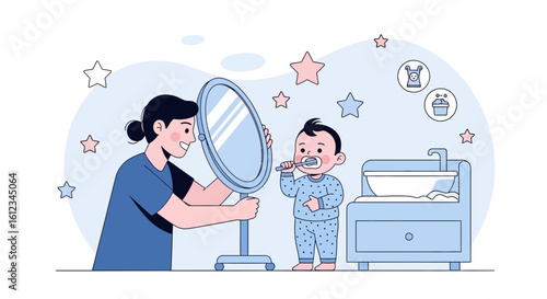Daily Routine Of Mother Watching Her Baby Brush Their Teeth In The Bathroom