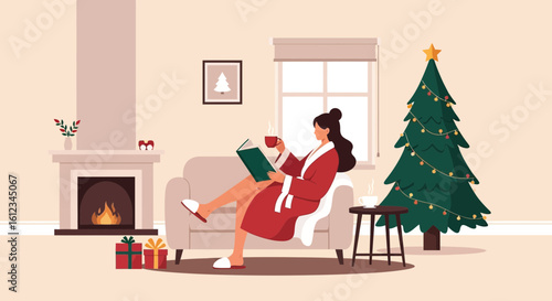 Cozy Christmas Relaxation Woman Reading Book By Fireplace And Christmas Tree