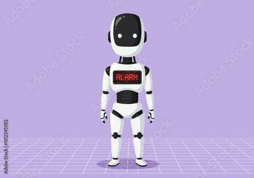 Futuristic humanoid robot with 'ALARM' displayed on its chest, standing against a purple background with a grid pattern