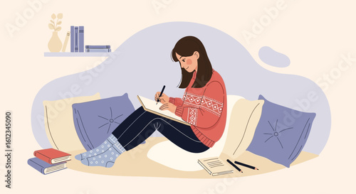 Cozy Creative Morning A Girl Writes On The Bed In Home