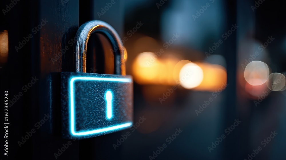 Fototapeta premium Secure Padlock Glows at Night Highlighting the Importance of Online Safety and Privacy Protection After Data Breaches