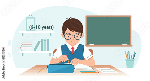 Dedicated Young Student Studying At His Desk During School Time Illustration