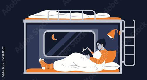 Cozy Evening Reading On A Bunk Bed In A Shared Travel Cabin