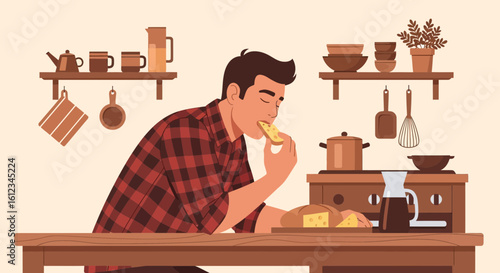 Delighted Man Relishing the Flavorful Taste of Bread in a Cozy Kitchen