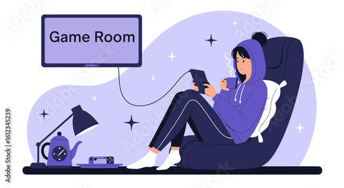 Cozy gaming setup illustration featuring a relaxed character enjoying downtime in a game room ambiance illustration