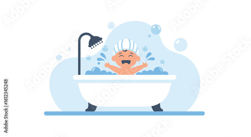 Delightful baby enjoying a bubbly bath with a shower, creating a heartwarming scene