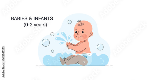 Delightful baby enjoying bath time with playful water splashes and cheerful expression in cartoon illustration