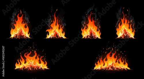 Dynamic vibrant flames ignite with glowing embers and wisps of smoke, capturing intense energy and fiery passion for dramatic impact