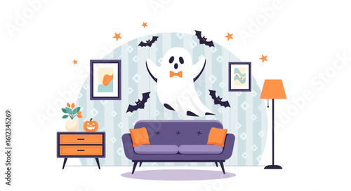Cozy Halloween Interior Decoration Featuring Ghost, Bats, and Fall Color Palette