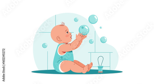 Delightful baby playing with bubbles in a charming cartoon illustration style scene