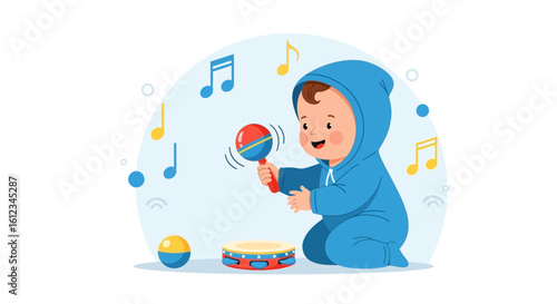 Delightful baby illustration playing musical instruments with maraca and tambourine enjoying time