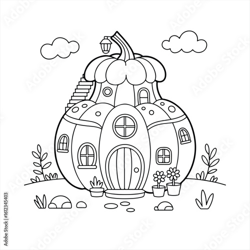 Small wooden house model with porch and plants on white surface under blue sky