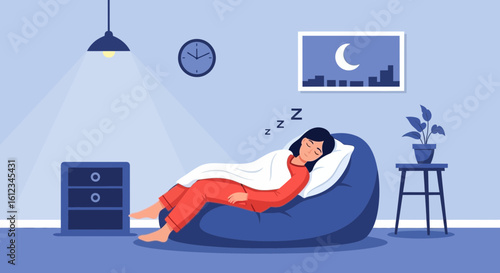 Cozy Night Restful Sleep Woman Relaxing in Beanbag Chair Interior Illustration