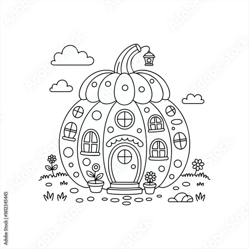 Small wooden house model with porch and plants on white surface under blue sky
