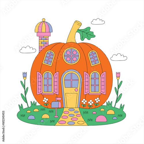 Small wooden house model with porch and plants on white surface under blue sky