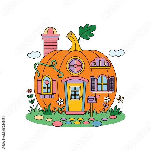 Small wooden house model with porch and plants on white surface under blue sky
