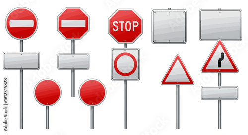 Collection of diverse road traffic signs including stop, no entry, warning, and blank regulatory signs for clear directional communication and safety