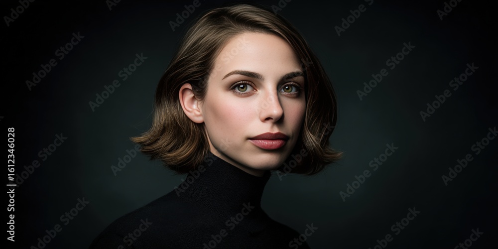 Fototapeta premium Elegant Portrait of a Young Woman with Short Hair Against a Dark Background