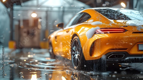 Dynamic Orange Sports Car Washing Action