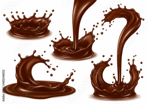 Indulge in the luscious, dynamic motion of rich chocolate splashes, a truly decadent visual for irresistible treats and sweet promotions.